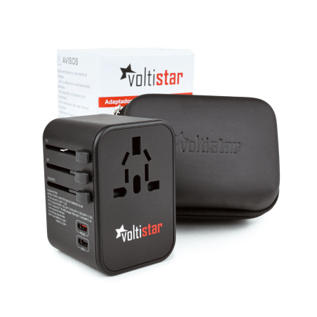 ADAPTADOR DE FICHA UNIVERSAL VOLTISTAR HHT906 MAX 35.5W PD CARGA RÁPIDA. FICHA DE VIAGEM UNIVERSAL COM 3 USB E 2 USB-C.