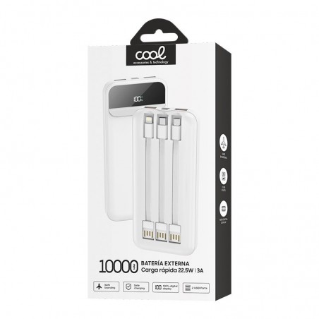 Power Bank Universal 10.000 mAh Carga Rápida 22.5W ( 3 cabos ) Branca